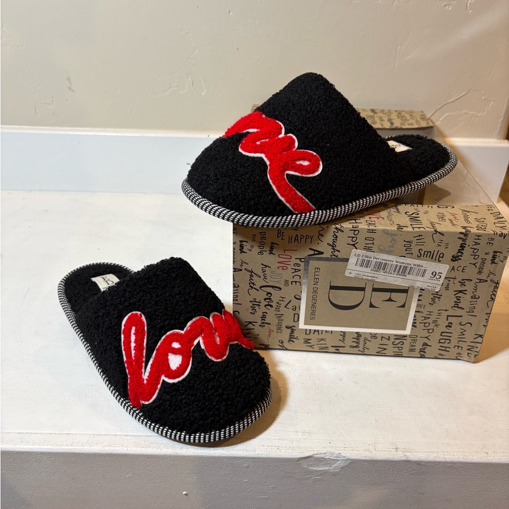 Ellen Degeneres Black Slippers with Red Love Design